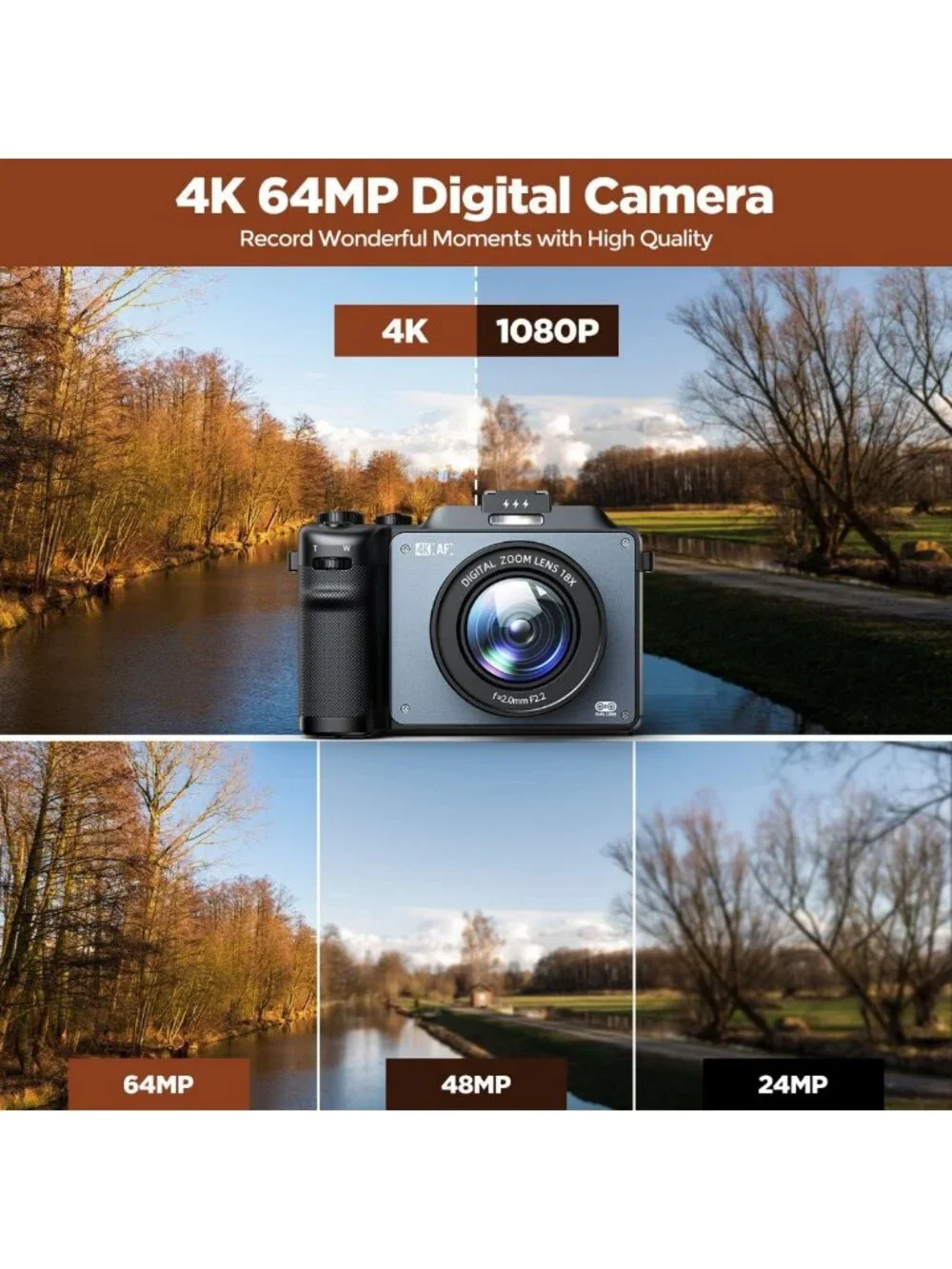64MP 4K Digital Camera for Photography & Vlogging, Dual Lens, 18X Zoom, Compact